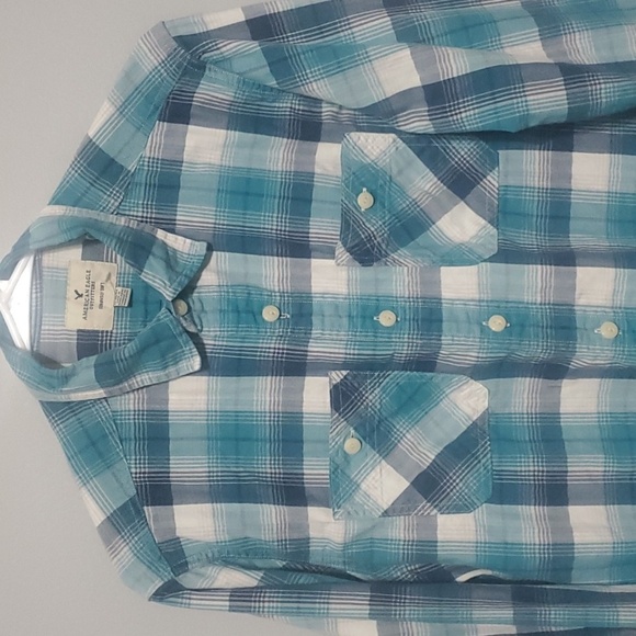 American Eagle Shirt Men's Size Medium M BLUE WHITE GREY plaid Button-Do… - Picture 3 of 8